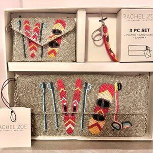 NEW! RACHEL ZOE Silver Beaded Accessory Set. Wallet, Bag, Key chain. 3 piece box